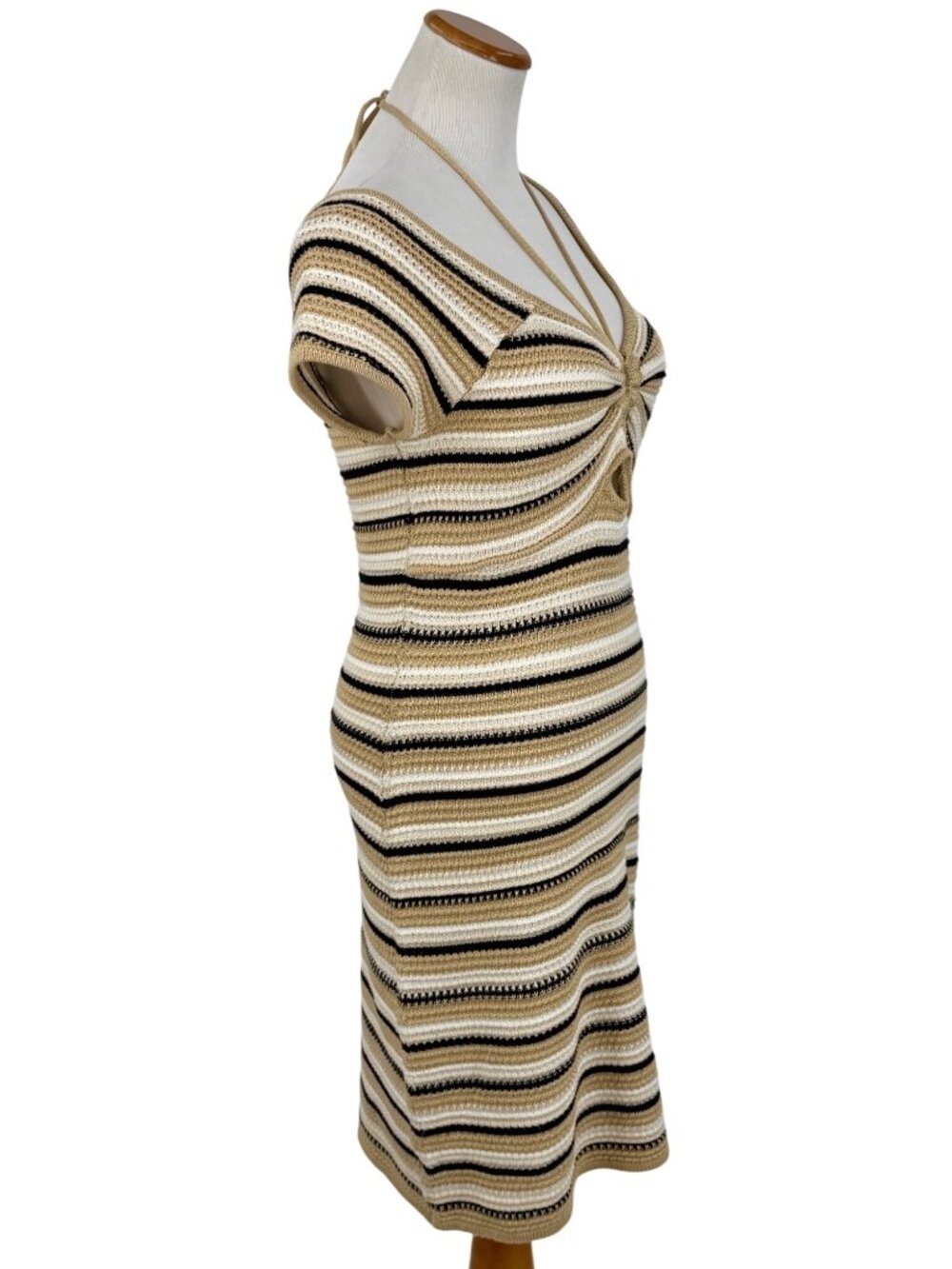 Madden NYC Crochet Knit Neutral Striped Mini Dress M| Coastal Cowgirl Boho Indie - Picture 5 of 16
